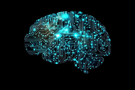Minimalistic digital brain design in turquoise and light blue on black, symbolizing ai innovation