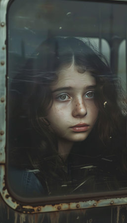 Lonely young girl sadly gazing through the train window, expressing deep lonelinessのeditorial素材