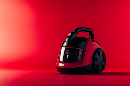 Modern vacuum cleaner on vibrant red background, showing its sleek design and cleaning power.の写真素材