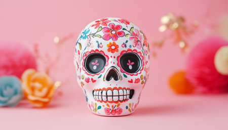 Charming sugar skull adorned with vibrant floral designs against a soft pink background