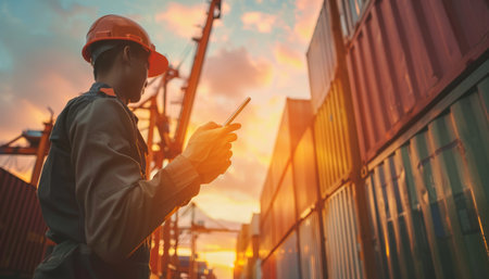 Engineer inspects logistics container yard with crane in shipyard using tablet for import export