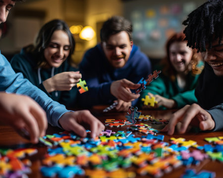 Collaborative puzzle solving diverse group assembling colorful pieces in softly lit settingの写真素材