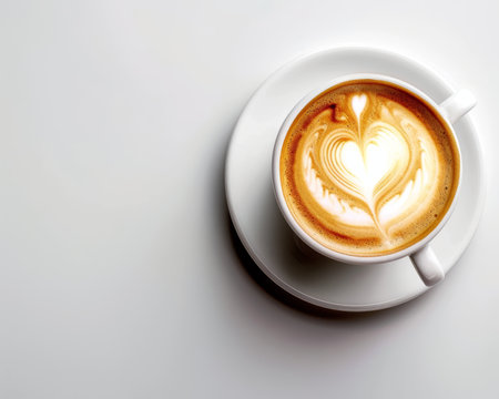 Latte coffee cup with heart latte art on dark background, top view with copy spaceの写真素材
