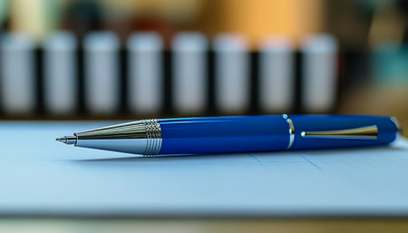Close up of a blue pen on a blank notebook with blurred organized folders in backgroundの写真素材