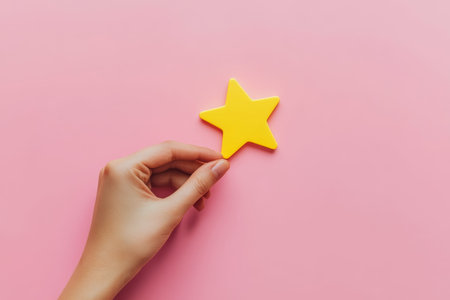 Hand placing yellow star on soft pink background representing ratings and performance evaluation