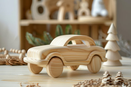 Handmade wooden toy car in kids room eco friendly Montessori play for kindergarten children