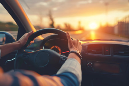 Summer sunset drive close up of driver s hands on steering wheel during road tripの写真素材