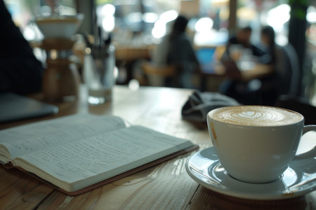 Immersion in focused study at coffee shop, savoring latte art, fully in the learning zoneの写真素材