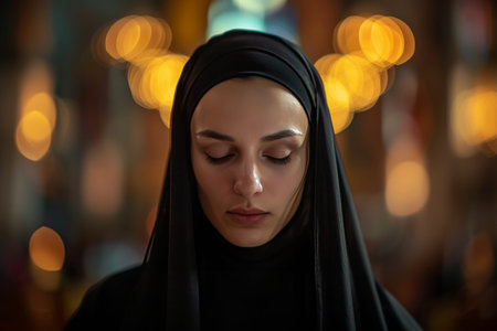 Caucasian nun in black attire deeply immersed in prayer inside the church, displaying devout focusのeditorial素材
