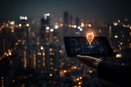 Businessman holding ipad with location pin icon over cityscape symbolizing digital marketing