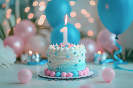 Top 1 candle on festive cake with party decor and balloons in high quality imageの写真素材