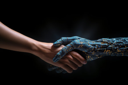 Ai and human touching on big data network background, science and artificial intelligence technologyの写真素材