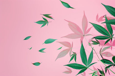 Elegant green hemp leaves gracefully falling on a soft and delicate pink background