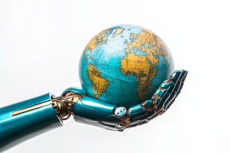 Robot hand gripping earth globe isolated on a clean white background for futuristic imageryの写真素材