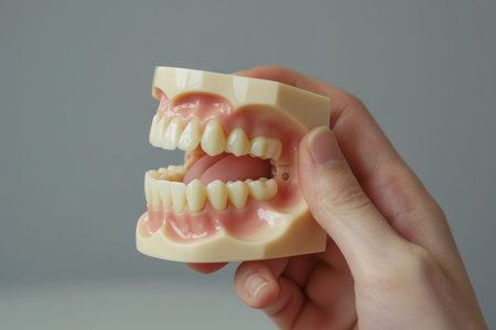 Dental hygiene model woman in studio on gray background for teeth whitening with dentist