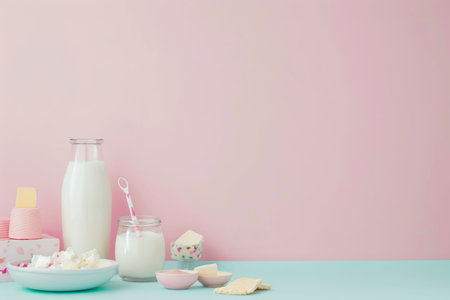 Variety of dairy products on pastel background, copy space, healthy eating conceptの写真素材