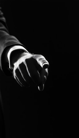 Business executive in dark suit pointing forward, symbolizing authority in corporate decision makingの写真素材