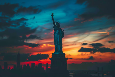 Iconic statue of liberty at sunset with manhattan skyline, new york city, usa in spectacular viewの写真素材