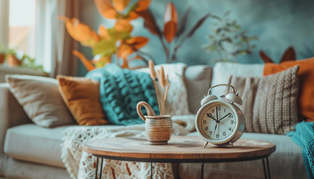 Bohemian style interior modern living room with close up of alarm clock on wooden table near sofaの写真素材