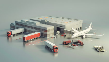 Integrated logistics hub featuring truck, airplane, and ship operations for optimal transportationの写真素材
