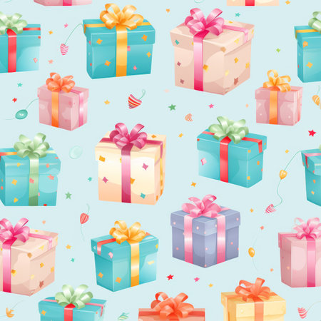 Pastel gift birthday pattern seamless design with colorful presents for a festive celebrationの写真素材