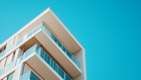 Modern high rise apartment building with clear blue skies for text placement on the right side