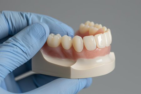 Dental hygiene demo for teeth whitening with model on gray studio background for dentist appointment