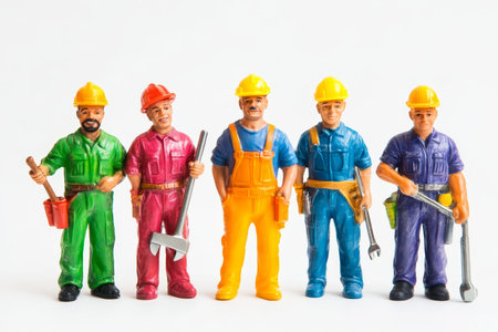 Five colorful and humorous construction worker figurines wielding tools against a white background