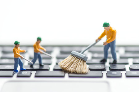 Miniature toy figures of sweeper workers cleaning a laptop keyboard with brooms and brushes