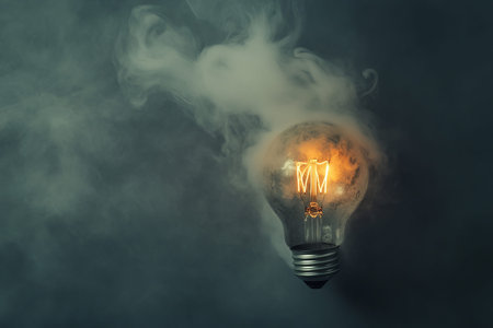 Illuminated light bulb with smoke and steam on dark gray background creates dramatic visual effectの写真素材