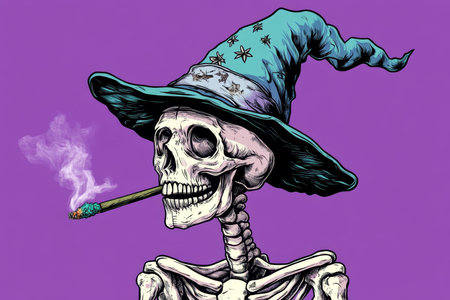 Cartoon skeleton in wizard hat smoking on purple background fun 2d vector art illustrationの写真素材