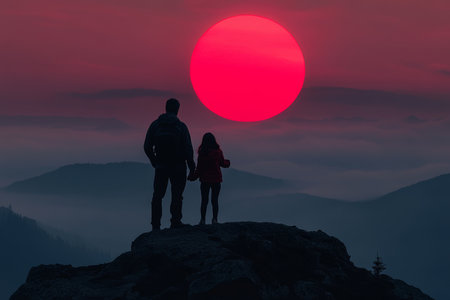 Father and daughter celebrate togetherness on mountain peak, admiring breathtaking sunset viewsの写真素材