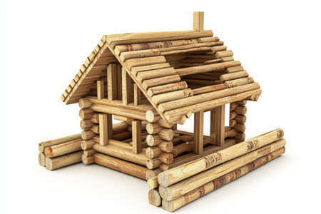 3d illustration of building materials arranged to form a house concept on a white backgroundの写真素材