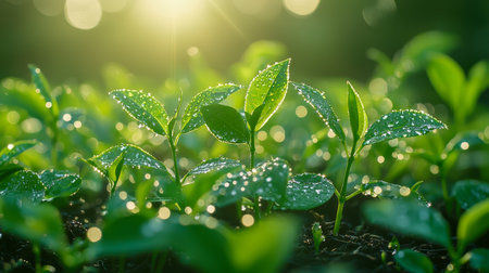 Fresh green sprouts glisten with dew in warm sunlight, set against a softly blurred background, evoking new beginnings and natural vitality.の写真素材
