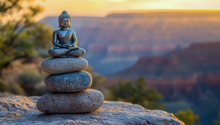 Serene Buddha figure perched on layered rocks, overlooking the vibrant hues of the canyon at dusk, evoking peace and spiritual harmony.の写真素材