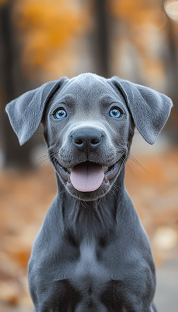 A charming gray puppy with striking blue eyes playfully sticks out its tongue amid colorful autumn foliage, creating a cheerful outdoor scene.の写真素材