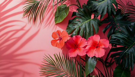 Bright pink hibiscus blossoms encircle lush green foliage, blending tropical beauty with playful shadows on a vivid pink backdrop.の写真素材
