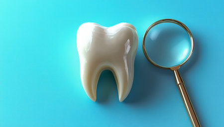 A detailed dental replica illuminated by a magnifying glass, highlighting accurate tooth and gum structures against a vibrant blue backdropの写真素材