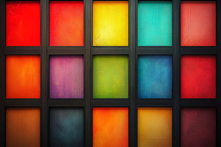 A vivid mosaic of glass with radiant colors, bordered by stark black lines, creating an artistic play of light and shadow.の写真素材