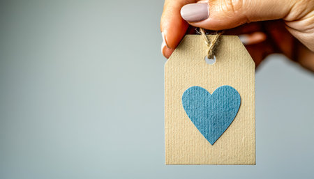 A human hand gently displays a neutral-toned gift tag adorned with a vibrant blue heart, ideal for emphasizing warmth, love, or appreciation in holidaの写真素材