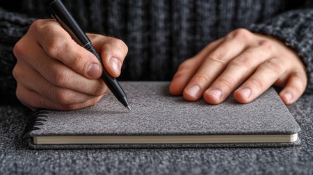 A focused individual annotates ideas on a sleek gray notebook using a fine black pen, capturing a...