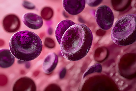 Vivid purple cells swirl vividly through a translucent bloodstream, highlighting microscopic cellular detail and dynamic biological processes.の写真素材