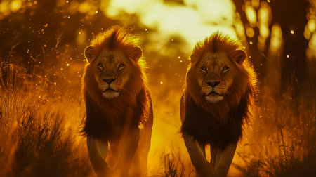 A regal pair of lions strides across warm golden grasses, bathed in vibrant sunset hues, capturing wild elegance and serene strength.の写真素材