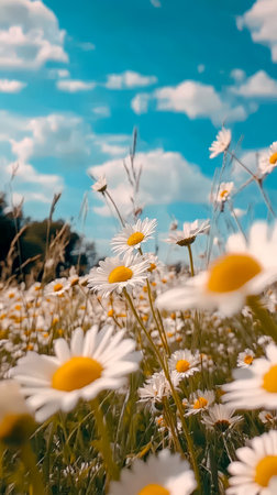 Vibrant white daisies sway in a bright sunlit meadow, with a clear blue sky overhead, evoking freshness and peaceful countryside charm.の写真素材
