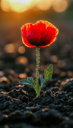 A striking red poppy bursts from rich, shadowy earth as warm sunset light highlights its delicate petals and intricate center.の写真素材
