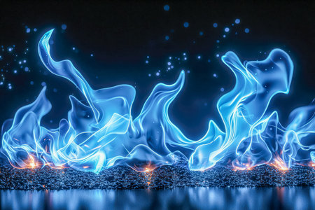 Bright azure flames swirl vividly on a glossy surface, casting shimmering reflections in a moody,...