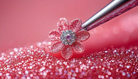 A detailed shot of a blossom-inspired jewelry accessory adorned with shimmering stones, set against a vibrant pink glitter backdrop for a glamorous loの写真素材