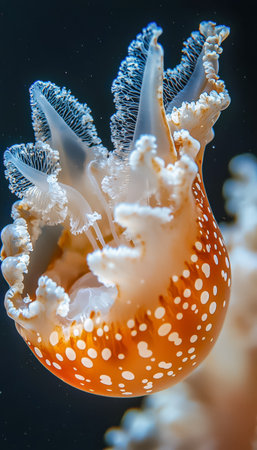 A colorful marine creature with dotted patterns and flowing tentacles drifts through clear turquoise waters, showcasing underwater beauty and biodiverの写真素材