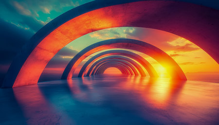 A fantastical bridge with sweeping arches reflects in shimmering waters beneath a vibrant sunset, cast against a stormy, colorful sky.の写真素材