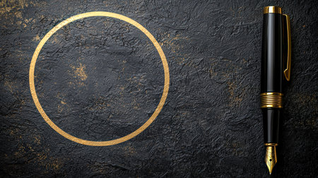 A luxurious black and gold writing instrument rests on a textured dark surface, accented by a shimmering gold circle pattern, exuding sophistication.の写真素材